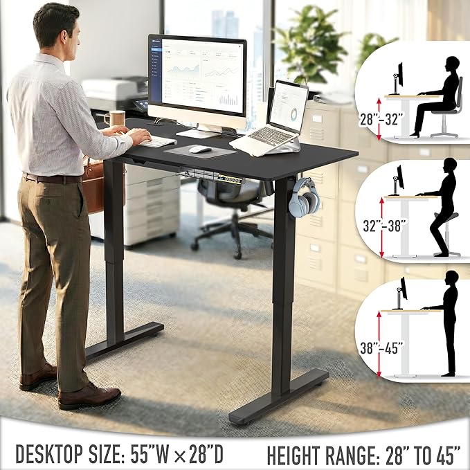 SHW 55 x 28 Electric Height Adjustable Standing Desk w/Drawer, Black | w/ Memory Presets and Cable Management | Drawer with adjustable compartments | Hanging Hooks - Image 5