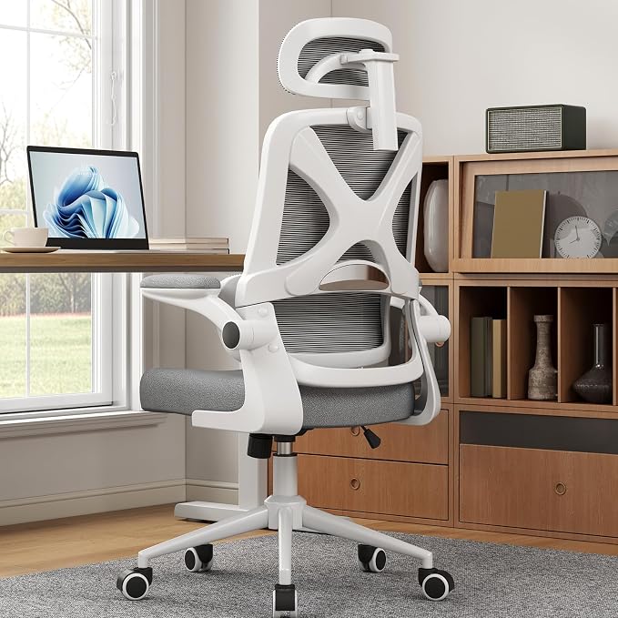 Ergonomic Office Chair - Desk Chair with Adjustable Headrest Lumbar Support Computer Chair - Mesh Comfy Chair with Flip-up Armrests - Gaming Chairs for Adults Home Office (White+Gray) - Image 2