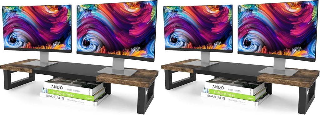 WESTREE Dual Monitor Stand Riser, Wood and Steel Multi-Purpose Desktop Storage Stand for 2 Monitors for Computer, Laptop, Printer, TV, Rustic Brown (Pack of 2) by WESTREE