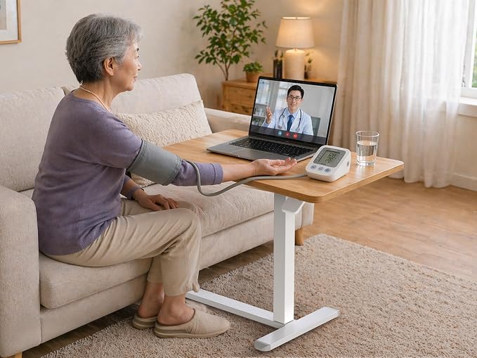 SHW Height Adjustable Mobile Laptop Desk w/Pneumatic Lift, Oak | Height Adjustable from 26" to 41.7" | Compact C-Shaped Side Table for Home Office and Bedside - Image 2