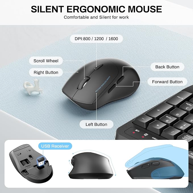 Wireless Keyboard and Mouse Combo,2.4G Full Size Ergonomic Wave Keys(Gray) | Cordless Keyboard with Wrist Rest,3-Level DPI Ergonomic Mouse for Office and Home,Windows/Mac OS/Desktop/Laptop/PC - Image 7