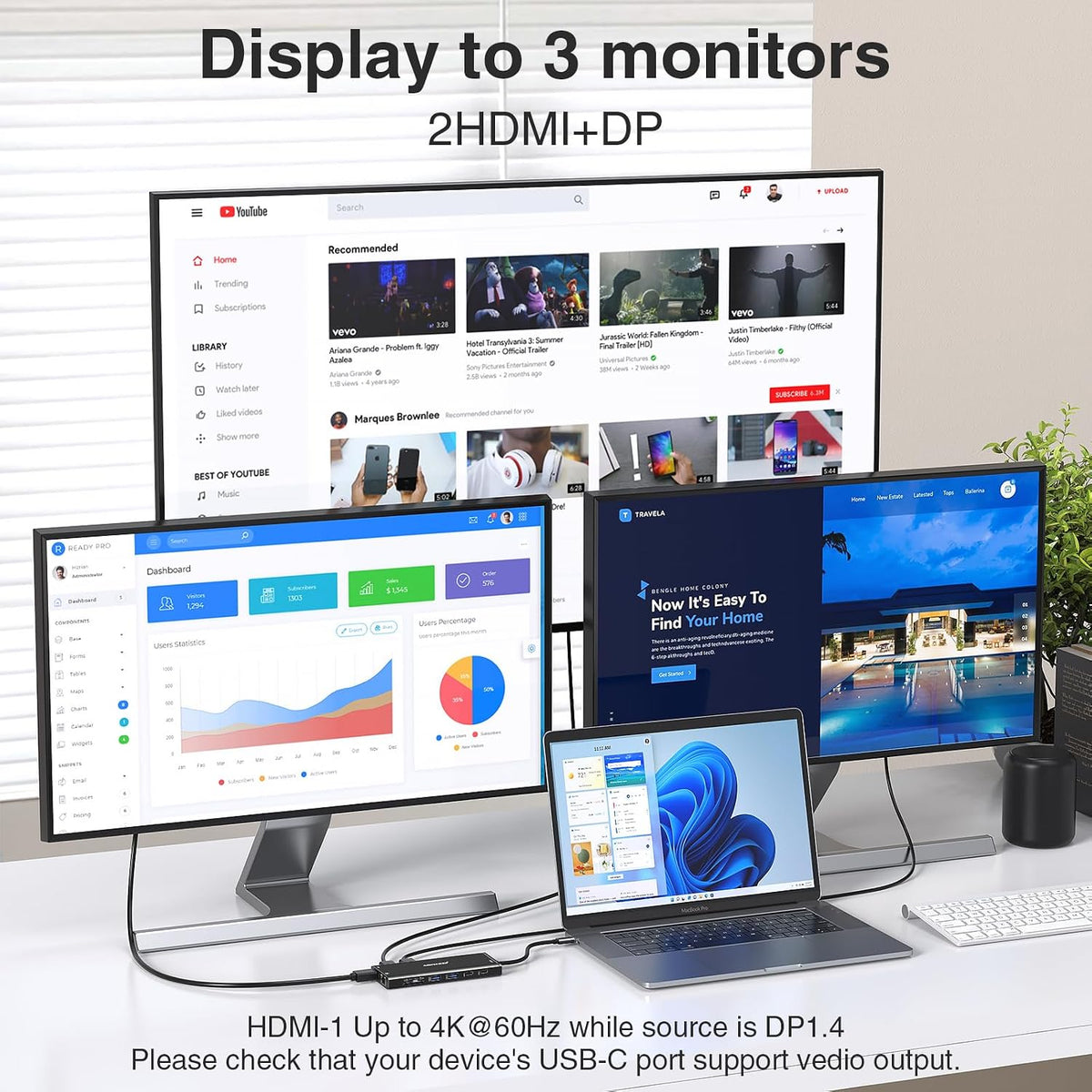 USB C Docking Station 3 Monitors USBC Hub Laptop Dual Monitor Multi Adapter - Image 3