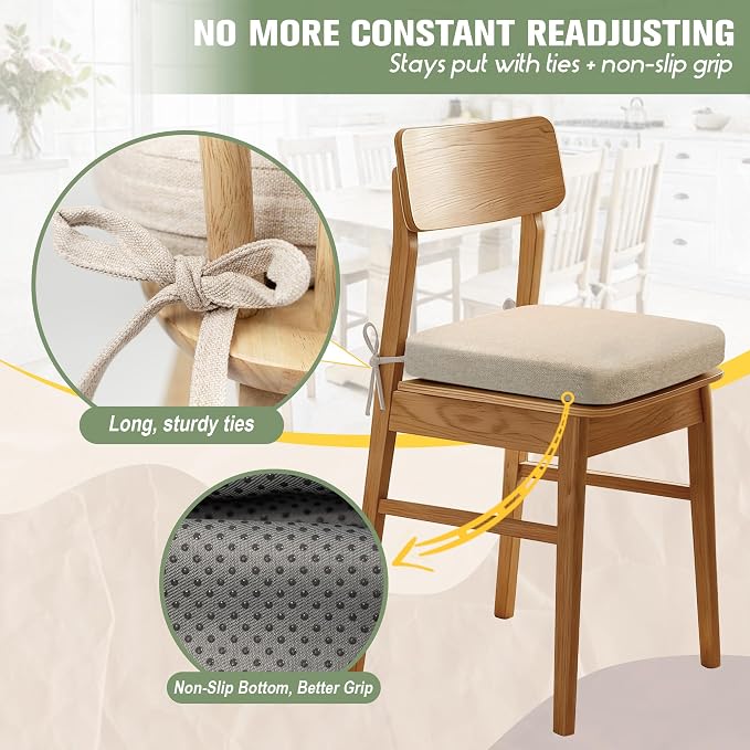 kingphenix Chair Cushions for Dining Chairs, Set of 6, 2.5 Inches Thick | High-Density Foam Kitchen Chair Cushions with Ties, Non-Slip Bottom and Removable Machine-Washable Covers, 17 x 16 in, Beige - Image 3