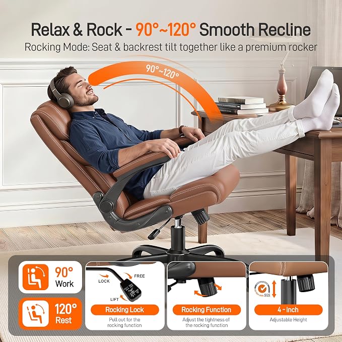 Office Chair, Executive Mid-Back Computer Desk Chair with Flip-up Armrests | 300 Lbs Ergonomic Leather Swivel PC Chair with Rock Function for Working Studying (Brown) - Image 3