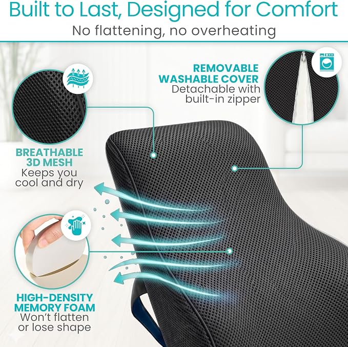 Vive Full Lumbar Cushion - Memory Foam Contour Support for Lower Back Pain | Ergonomic Pressure Relief for Office Chair, Car - Large Mesh Orthopedic Seat Backrest Roll for Improving Posture (Black) - Image 4