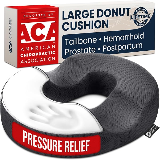 5 STARS UNITED Donut Pillow for Tailbone Pain & Hemorrhoids – Large Memory Foam Seat Cushion for Bed Sore-Prone Areas & Pressure Relief – Prostate, Postpartum & Pregnancy Support, Gray Mesh Cover by 5STARSUNITED
