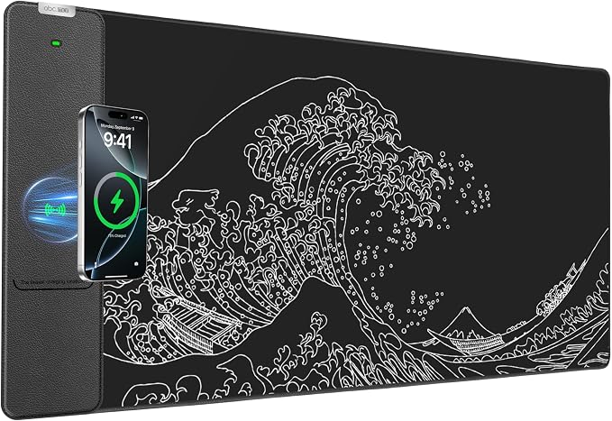 Wireless Charging Mouse Pad, 31.5"x15.8" Large Desk Mat, Smooth Glide | Waterproof Mousepad, Stitched Edge, Non-Slip Rubber Base, Desk Pad Computer Keyboard Mat, No Adapter by abcmat