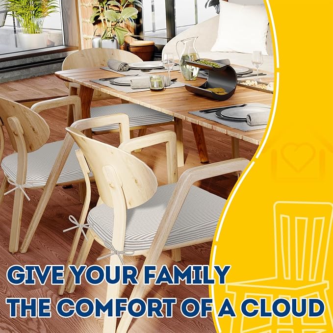 AAAAAcessories D-Shaped Chair Cushions, 2" Thick Dining Chair Pads with Ties and Removable, Machine-Washable Cover, 17" x 16", Set of 8, Natural Sand Pinstripe - Image 6