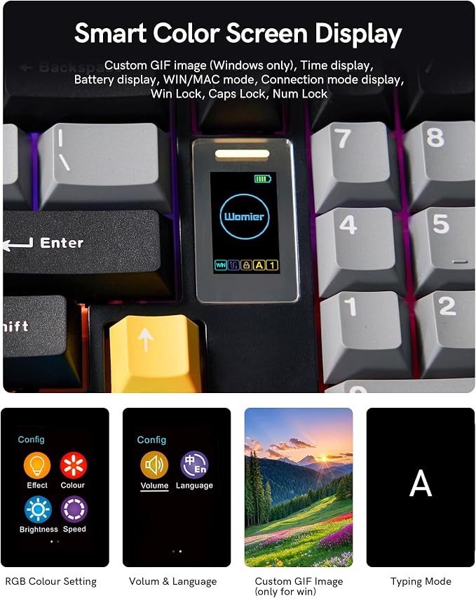 Keymatic Mechanical Keyboard Wireless,98% Pink Creamy Keyboard Gaming Keyboard,3 Mode with Multimedia Screen,RGB Backlit,Black - Image 3
