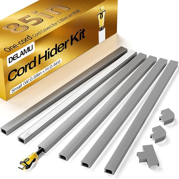 Delamu Cord Hider, 85in Cord Covers for Wires on Wall, One-Cord Cable Hider, Self-Adhesive Wire Hiders Wire Covers for TV Cords on Wall, Paintable Cable Cover Management Kit, W0.59 H0.4in, Grey by DELAMU