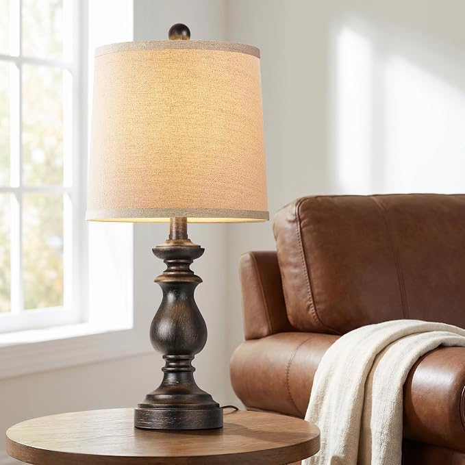 Traditional Table Lamp Set of 2, Rustic Farmhouse Table Lamps for Living Room Bedroom, 22" Bedside Desk Lamps Vintage Nightstand Lamps with Linen Shades, Oil Rubbed Bronze - Image 6