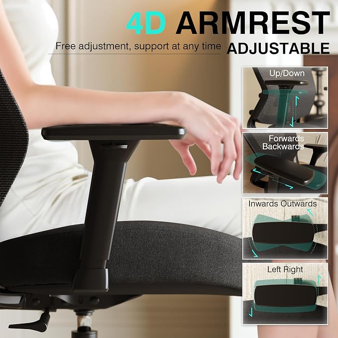 Mesh Office Chair,Ergonomic Computer Desk Chair,Sturdy Task Chair- Adjustable Lumbar Support & Armrests,Tilt Function,Comfort Wide Seat,Swivel Home Office Chair (Noir Black) - Image 4