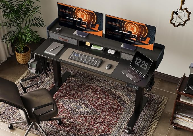 Claiks Standing Desk with Drawers & Wheels, 2 Height Shelf 63" Black | 2 height adjust shelf, tabletop drawers, felt fence design, sturdy supports 176 lbs, 4 wheels, 2 tire monitor stand - Image 2