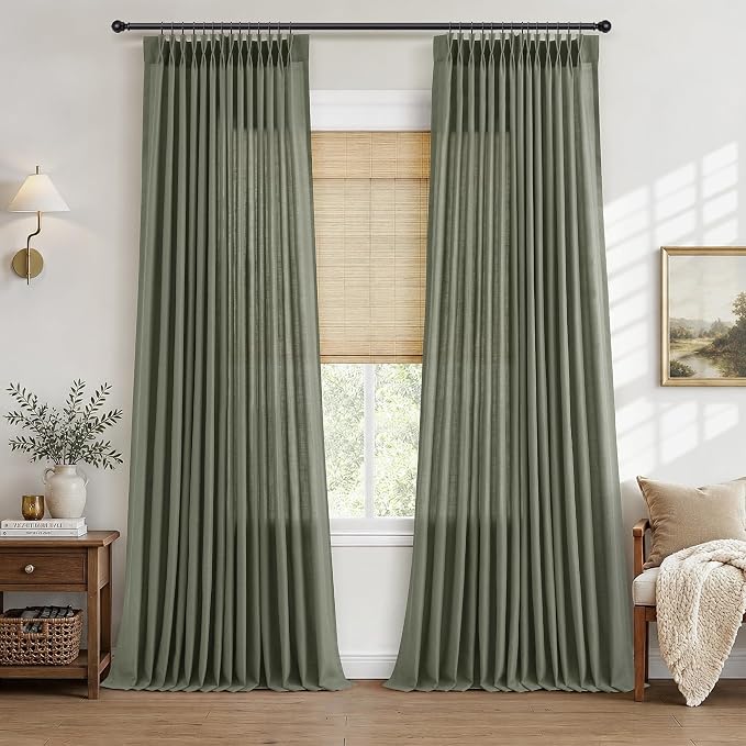 Hokibero Olive Green Pleated Linen Curtains 108 Inch Long for Living Room | Light Filtering Sheer Curtain,Pinch Pleat Back Tab Hooks Rings,Farmhouse Textured Privacy Drapes for Bedroom Window,2 Panels by Hokibero