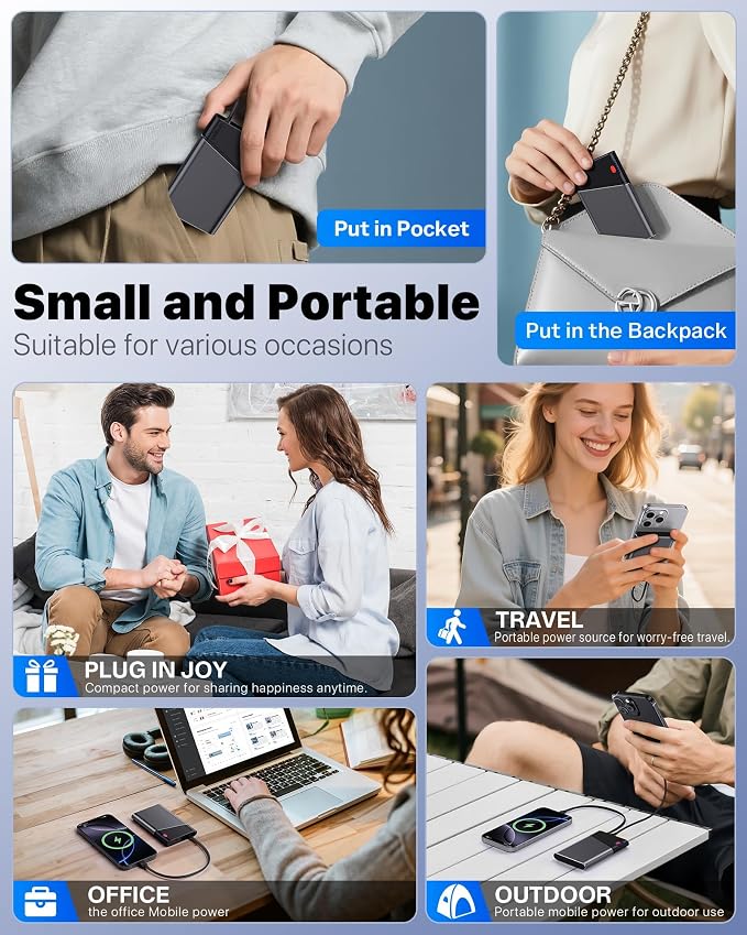 Aaoyun 10000mAh Portable Power Bank, 22.5W PD Fast Charging Battery Pack with Built-in USB-C Cable, Ultra-Slim External Phone Charger for iPhone 17/16/15, Samsung Galaxy S24, Android (Grey) - Image 8