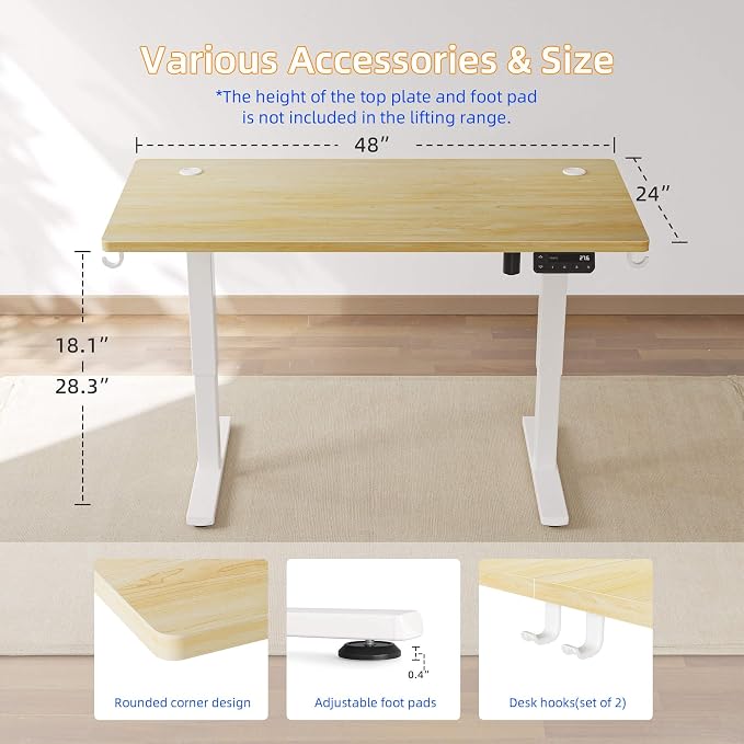 YIHAYO Low Height Adjustable Desk, Lifts 18.1-28.3 Inches, Electric Standing Desk for Short People, 48 x 24 Inches Computer Table with Splice Board for Home Office, Natural - Image 3