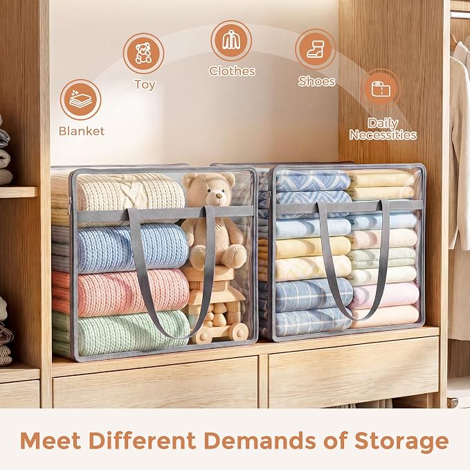 6 Pack Clear Storage Bags for Clothes, 45L Closet Organizers and Storage | Plastic storage with zipper and handle, moving bags, under-bed storage, closet organizer for blankets, comforters, toys - Image 4