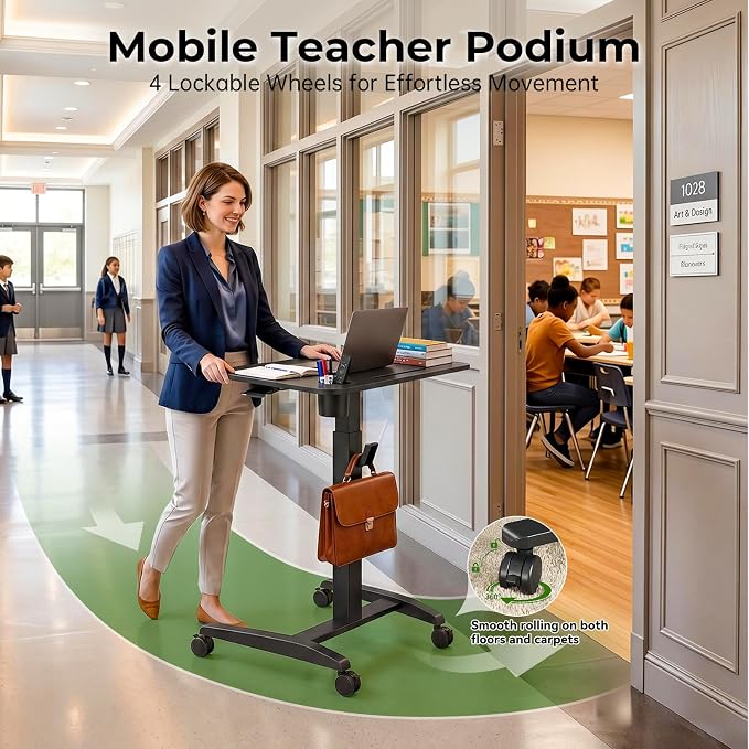 27" Mobile Rolling Standing Desk with Lockable Wheels, Black | Small Laptop Cart Height Adjustable with Cup Holder, Slot, Hook, Portable Pneumatic Teacher Rising Workstation for Classroom - Image 6