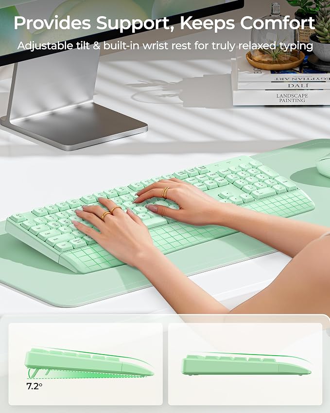 seenda Wireless Bluetooth Ergonomic Keyboard Mouse Combo, Full Size, Green | USB/Bluetooth multi-device switching, with wrist rest, number pad, and quiet operation for PC, laptop, Mac, MacBook, and iPad - Image 3