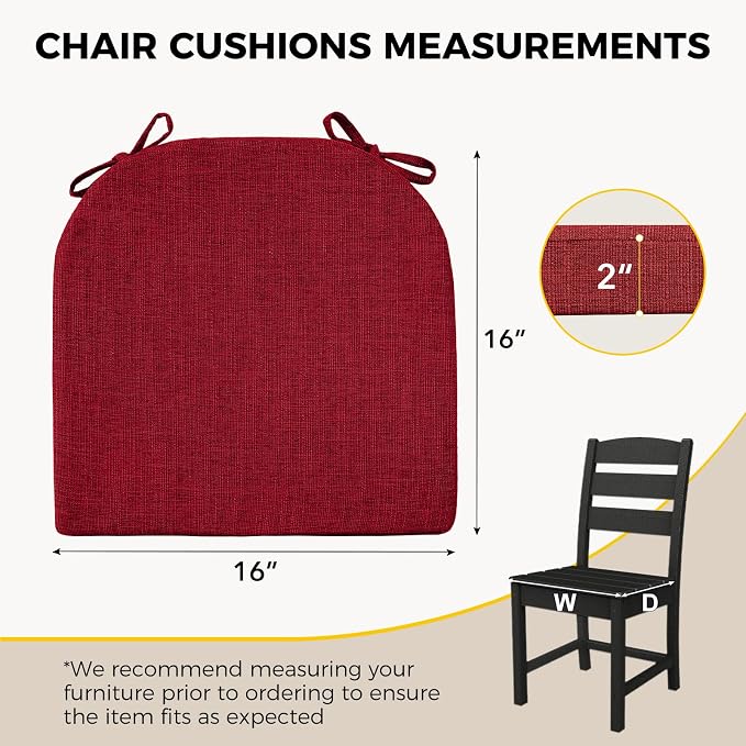 downluxe Indoor Chair Cushions for Dining Chairs, Soft and Comfortable Textured Foam Kitchen Chair Pads with Ties and Non-Slip Backing, 16" x 16" x 2", Red, 2 Pack - Image 2