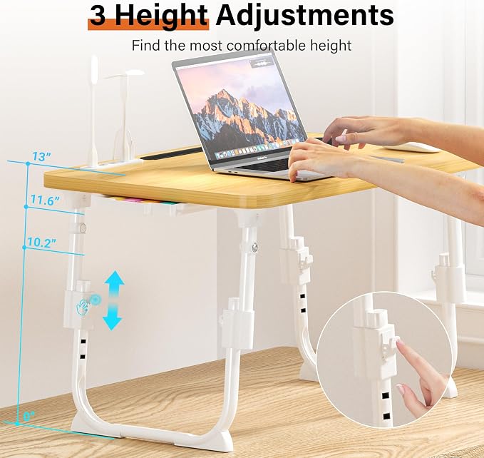 Lap Desk for Bed Adjustable Height with USB Port 23.6" x15.7" Desktop | Storage Drawer, Bookshelf, Fits 17" Laptop, For couch WFH Study, Foldable Non-Slip No Assembly Sturdy Lightweight Wood - Image 2