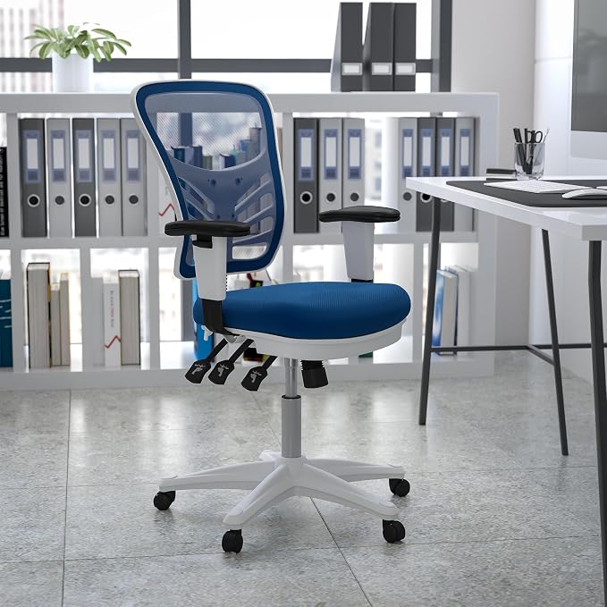 Flash Furniture Nicholas Mid-Back Blue Mesh Multifunction Executive Swivel Ergonomic Office Chair with Adjustable Arms and White Frame - Image 2