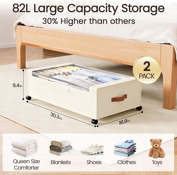 Yecaye 82L Under Bed Storage Containers, Fits 9.4" Under Bed, 2 Pack, Beige | XXL Capacity, 360° Rolling Wheels, Sturdy Metal Frame, Clear Window & Label, Storage Bins for Clothes, Shoes, Blankets - Image 2