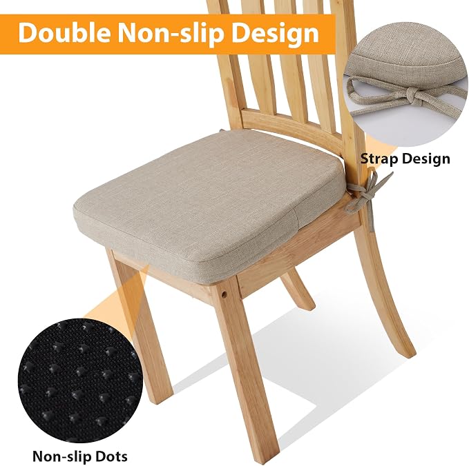 Ruqmuis Chair Cushions for Dining Chairs, 2" Thick Seat Cushions for Kitchen Chairs, D-Shaped Chair Pads with Washable Cover, Ties and Non Slip Backing, 17'' x 16'', Set of 4, Beige - Image 4