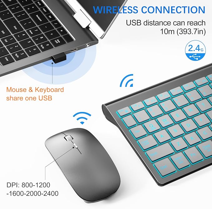 Wireless Backlit Keyboard and Mouse Ultra Slim Combo, TopMate - Gray Silver | 2.4G Silent Compact 2400DPI Mouse and Scissor Switch Keyboard Set, Batteries Included, for PC/Laptop/Windows/Mac/Gaming - Image 4
