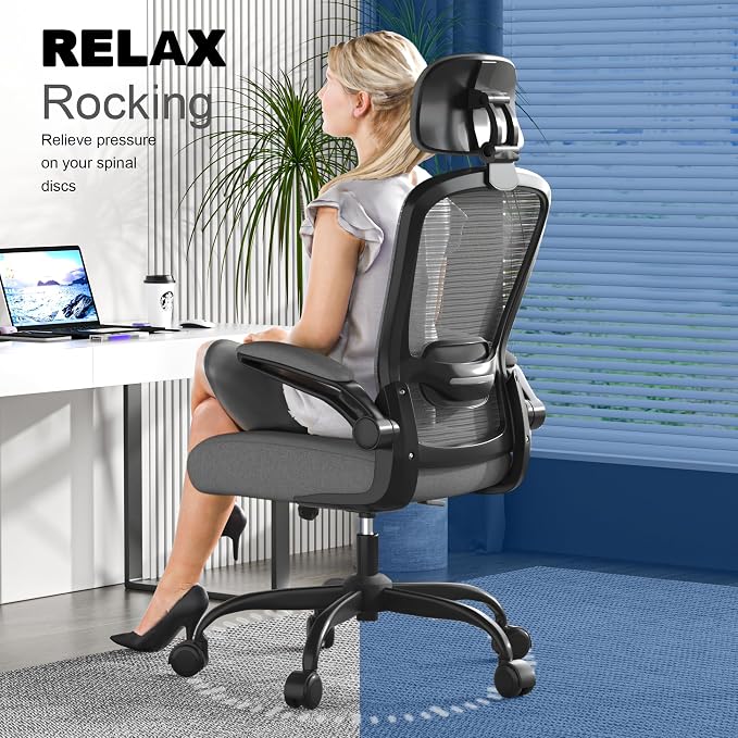Mimoglad Office Chair, High Back Ergonomic Desk Chair with Adjustable Lumbar Support and Headrest, with flip-up Armrests for Guitar Playing, 5 Years Warranty (Modern, Dim Gray(Black Frame)) - Image 6