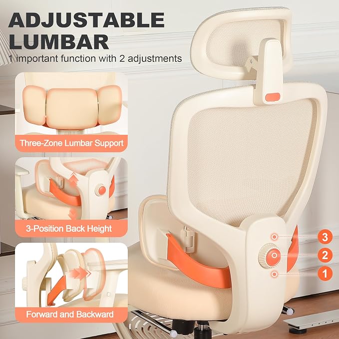 Ergonomic Office Chair with Footrest, Mesh Desk Chair with Adjustable Headrest & Armrests & Dynamic Floating Wing Lumbar Support, High Back Computer Chair for Home Office, BIFMA Certified, Beige - Image 4
