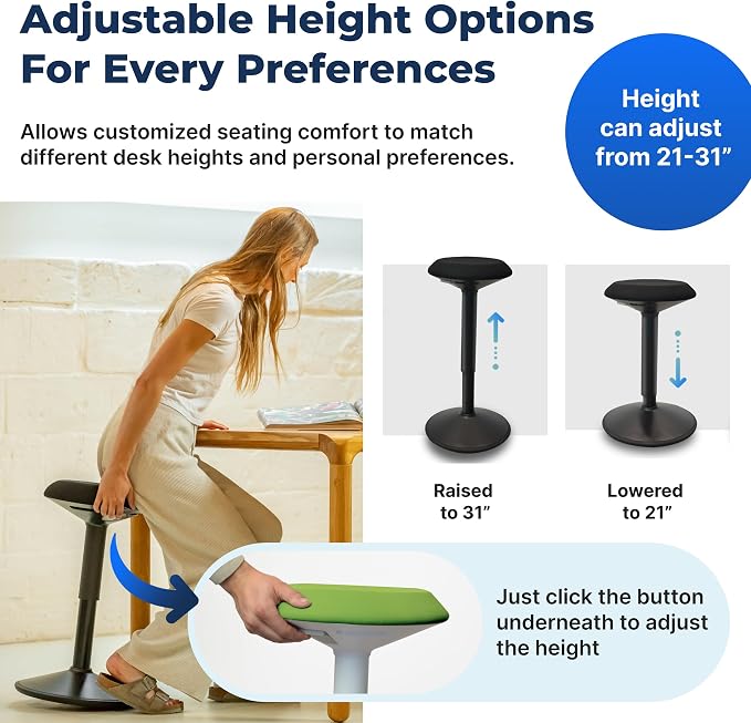 Standing Desk Stool Chair, Height Adjustable Stool 21-31 inch for Office and Classroom, Swivel seat, Anti-Slip Bottom Ergonomic Wobble Stool with Rocking Motion, Green - Image 5