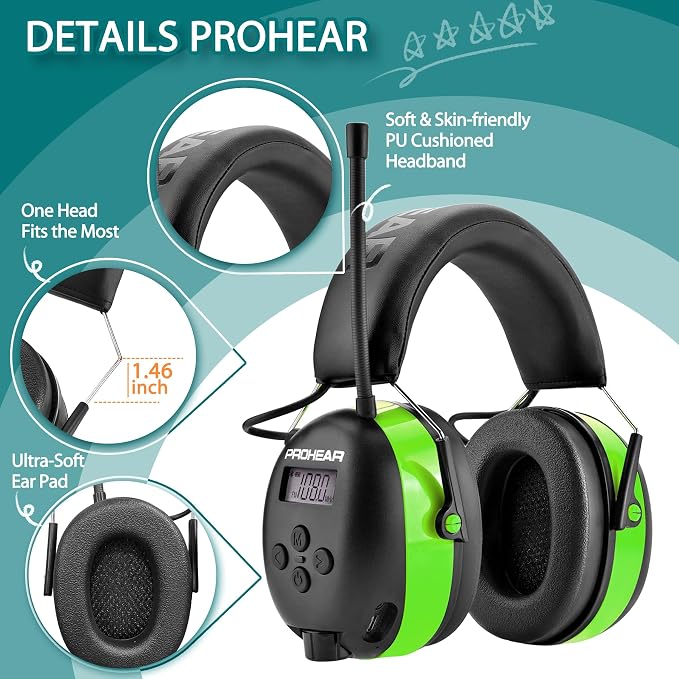 PROHEAR 033 AM FM Bluetooth 5.4 Radio Headphones - USB C Rechargeable 1500mAh Battery - Radio Headset Hearing Protection 31dB SNR - 58Hrs Playtime - Ear Protector for Mowing Lawn, Gifts for Father - Image 7