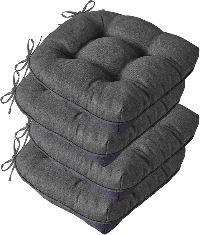 IASEAHK Chair Cushions for Dining Chairs, Seat Cushions for Kitchen Chairs, Indoor Seat Cushions with Ties, Tufted Foam Chair Pads, Non Slip Chair Cushions Set of 4, 15.5" x 15.5" x 4", Dark Grey by IASEAHK