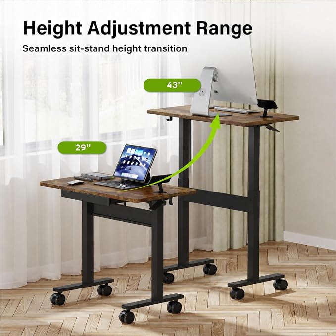35" Pneumatic Standing Desk for Walking Pad with Wheels Drawer, Dark Wood | Height Adjustable Rolling Desk, Mobile Computer Workstation with Hook Locking Casters for Treadmill & Home Office - Image 3