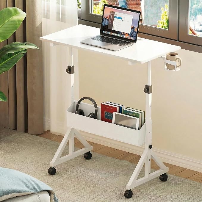 HUANUO Mobile Standing Desk with Wheels and Storage Basket, Height Adjustable 28.7"-46.1" Rolling Desk for Walking Pad, Small Space Laptop Computer Workstation for Home Office,White - Image 2
