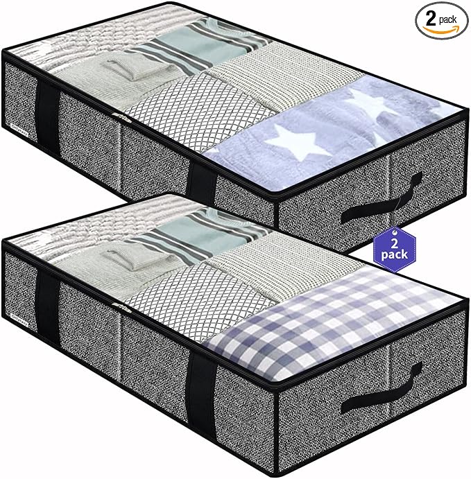 Onlyeasy Underbed Fabric Storage Bags Organizer with 4 Handles, 2 Zippers and Large Clear Window, for Clothes, Blankets, Bedding, Foldable with Sturdy Structure, 2 Pack, Linen-like Black, MXAUBBSS2P by Onlyeasy