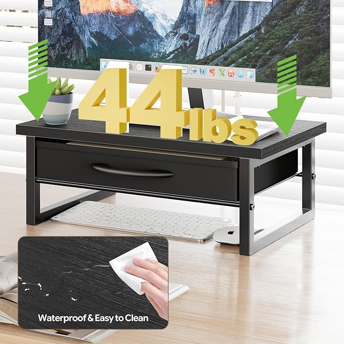 Ekisemio 2-Tier Monitor Stand with Fabric Drawer – Wood and Metal Computer Riser, Desk Organizer for Office, Black - Image 5
