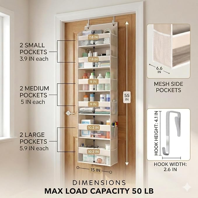 HOMELUX THEORY Over the Door Organizer, 6-Tier, 100D Fabric, Ivory 2pc | Over the door shoe organizer, 50 lbs capacity, 12 side mesh pockets, 100D extra thick fabric, Closet & entryway storage - Image 2