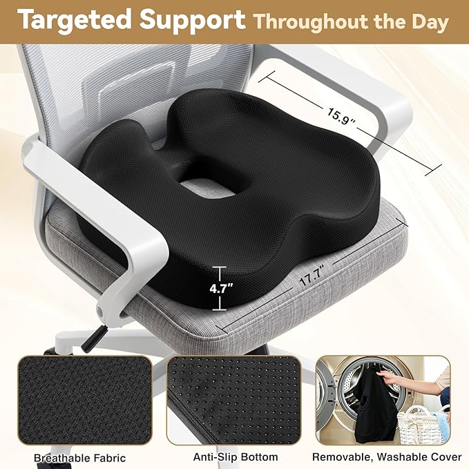 TushGuard 4-Zone Ergonomic Seat Cushion with Coccyx Cutout, Black | Office Chair Cushions for Tailbone Pain, Non-Slip Bottom, Breathable Washable Mesh, Versatile Use for Car, Office, Wheelchair - Image 3