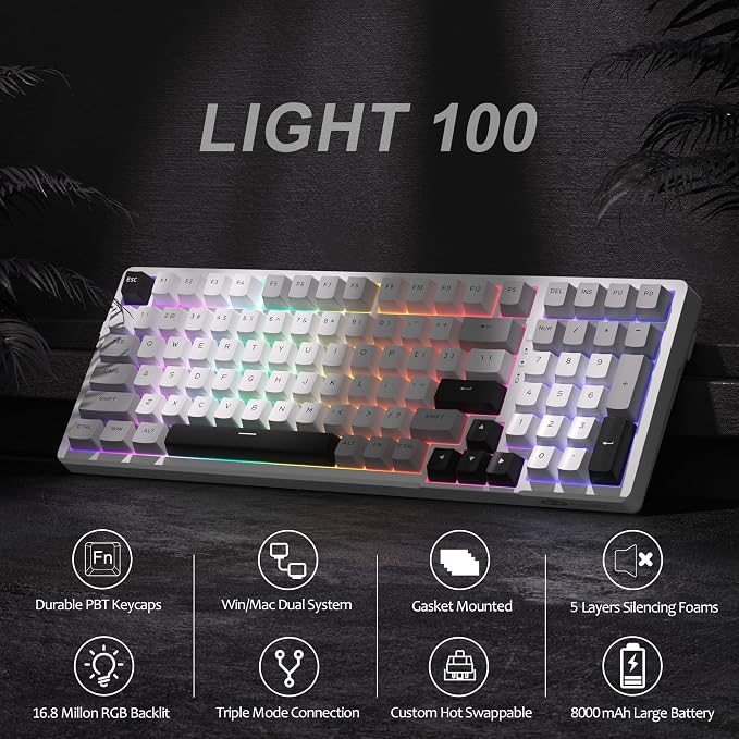 MageGee LIGHT100 Wireless Creamy Keyboard, Gasket Structure Hot Swappable, Tri-Mode 2.4G/USB-C/BT5.0 RGB Backlit Mechanical Gaming Keyboard for Win/Mac/PC, PBT Keycap, 4000mAh Battery, Grey - Image 3