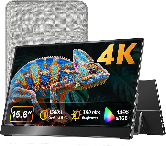 kksmart Portable Monitor 15.6 inch 4K UHD 145% sRGB 60Hz, Travel Monitor for Laptop MacBook Surface PC Xbox PS5, HDMI USB-C VESA Compatible Built-in Speaker by Unknown