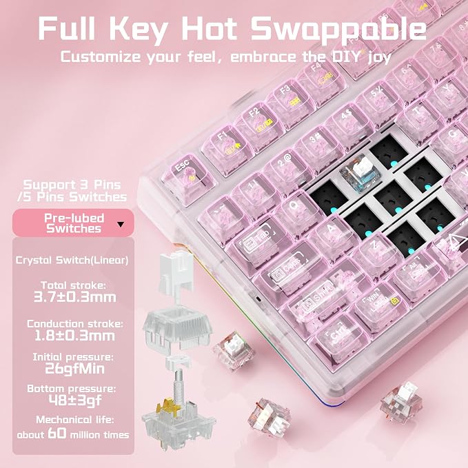 Aula F98Pro V3 Wireless Mechanical Gaming Clear Keyboard with Screen & Knob | Triple-Mode Hot Swappable, Gasket Mount Linear Switches, Clear Keycaps RGB Backlit, TFT Screen 10000mAh Battery for PC/Office - Image 7