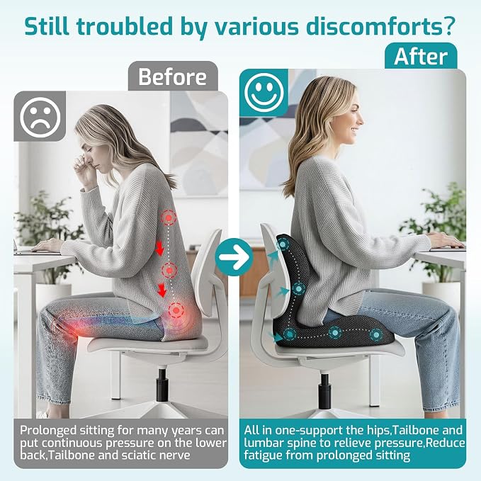 Ergonomic Seat Cushion,Office Chair Cushion with Lumbar Support Pillow | Improve Seat Comfort,Back Pain,Tailbone & Sciatica Relief,Memory Foam Seat Cushions for Office,Car,Home Chairs - Image 4