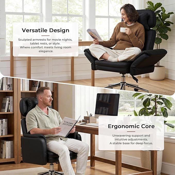 Big and Tall Ergonomic Office Chair, Criss Cross Desk Chair with Pivot Arms | High Back Executive Leather Chair with Spring Seat, Wide Computer Gaming Chair for Home, Makeup & Bedroom, Black, 49.6”H×22”W - Image 7