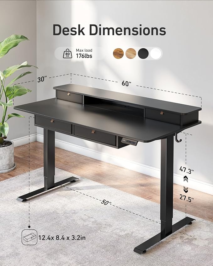 CubiCubi 60" x 30" Standing Electric Desk with Drawers, Black | Height Adjustable Workstation, Computer Sit Stand Up Office Table with Large Storage Shelf, 4 Drawers and 2 Hooks - Image 3
