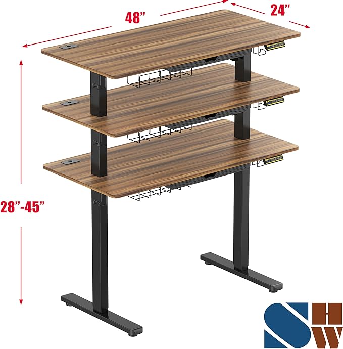 SHW 48-Inch Electric Height Adjustable Standing Desk w/Drawer, Walnut | w/ Memory Presets and Cable Management | Drawer with adjustable compartments | Hanging Hooks - Image 3