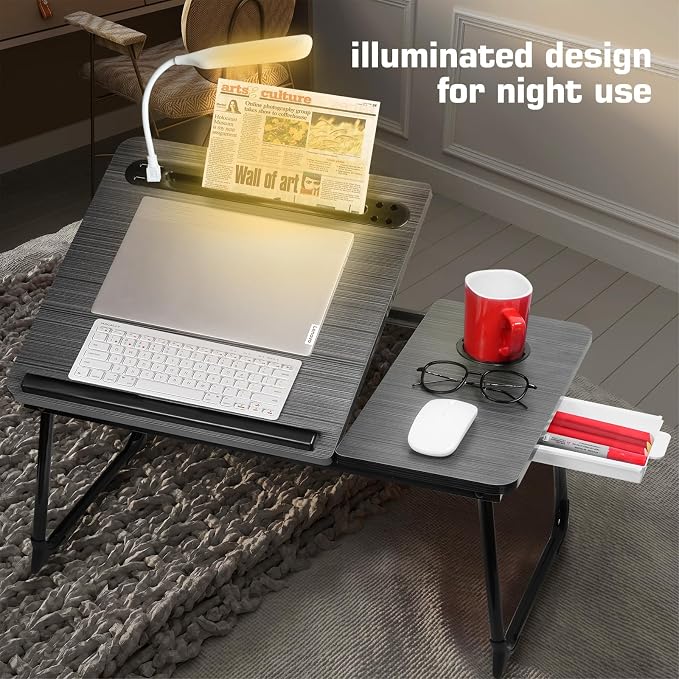 CloudTrip Plus XL Adjustable Laptop Desk with Light, USB Port, iPad Holder, Drawer Storage - Larger 23.6IN Adjustable Lap Desk for Bed, Home Office, Breakfast Tray, Fordable Legs Desk (Black) - Image 2