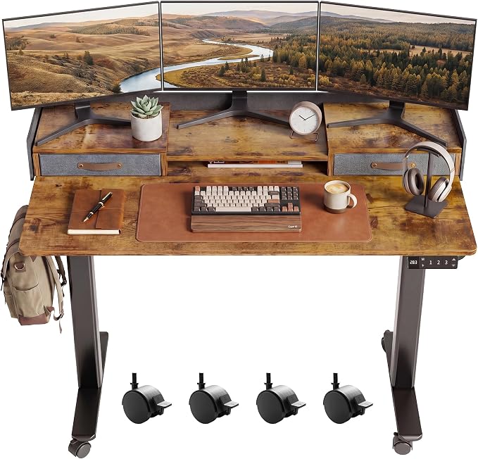 Claiks Standing Desk with Drawers & Wheels, 2 Height Shelf 48" Rustic Brown | 2 height adjust shelf, tabletop drawers, felt fence design, sturdy supports 176 lbs, 4 wheels, 2 tire monitor stand by CLAIKS