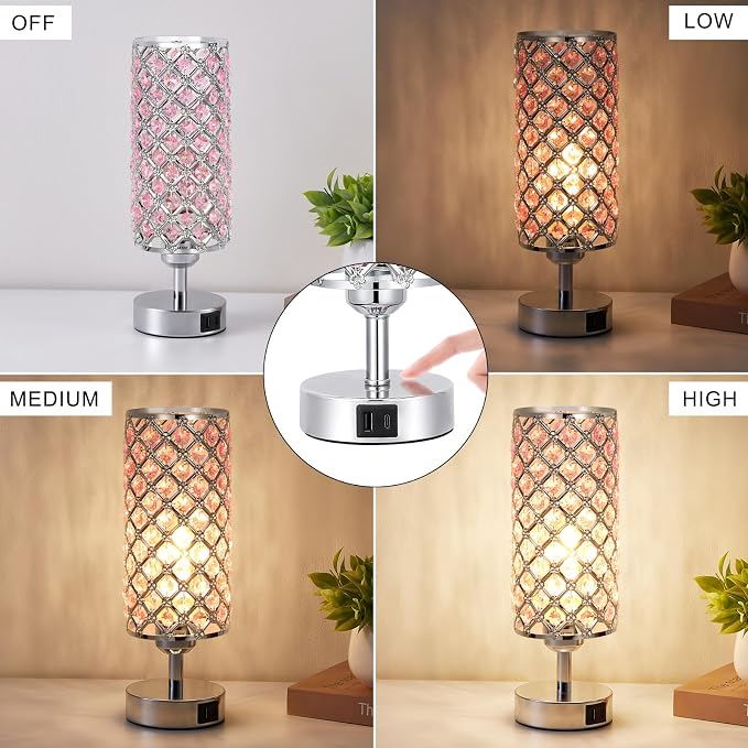 Crystal Table Lamp, 3 Way Dimmable Touch Lamps for Night Stands, Pink | Pink Crystal Touch Lamp with USB C+A, 3-Way Dimmable Bedside Lamp - Image 3